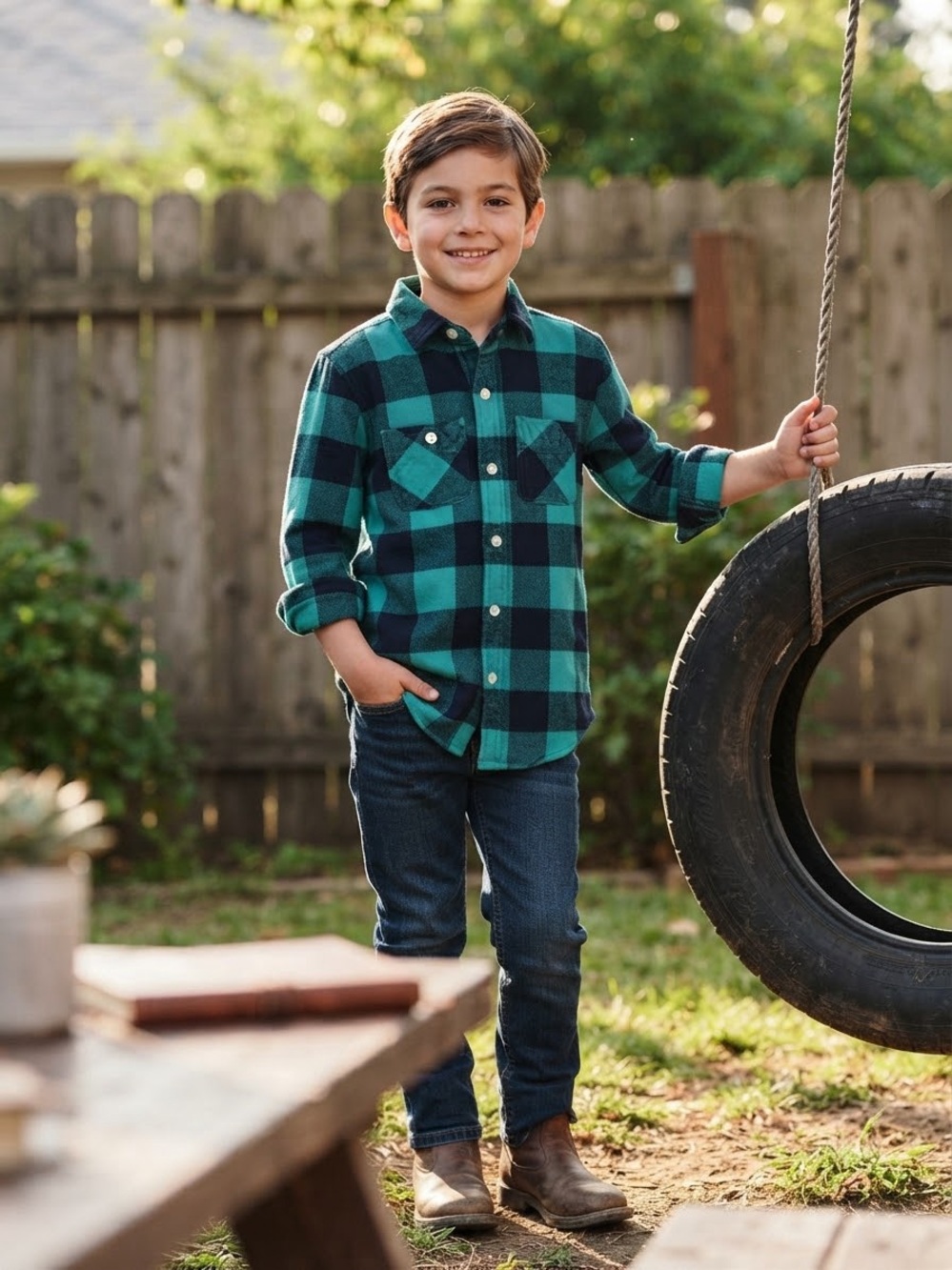 Crewcuts J.Crew Teal Navy Plaid Buffalo Check Flannel Shirt Boys Size 8
